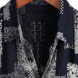 Men's Cotton Shirt Short Sleeve with Buttons, Floral Patch Pattern, Vintage, Retro, for Vacation