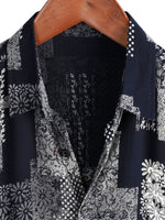 Men's Cotton Shirt Short Sleeve with Buttons, Floral Patch Pattern, Vintage, Retro, for Vacation