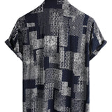 Men's Cotton Shirt Short Sleeve with Buttons, Floral Patch Pattern, Vintage, Retro, for Vacation