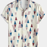 Casual Button-Up Short Sleeve Shirt with Vintage Geometric Print