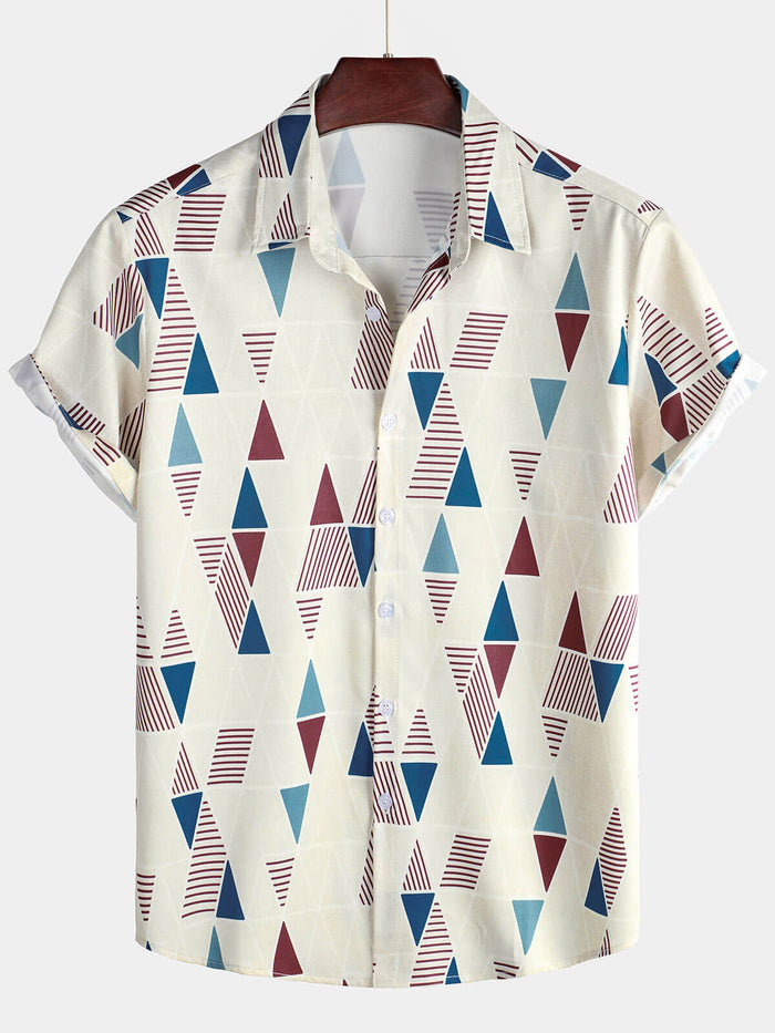 Casual Button-Up Short Sleeve Shirt with Vintage Geometric Print