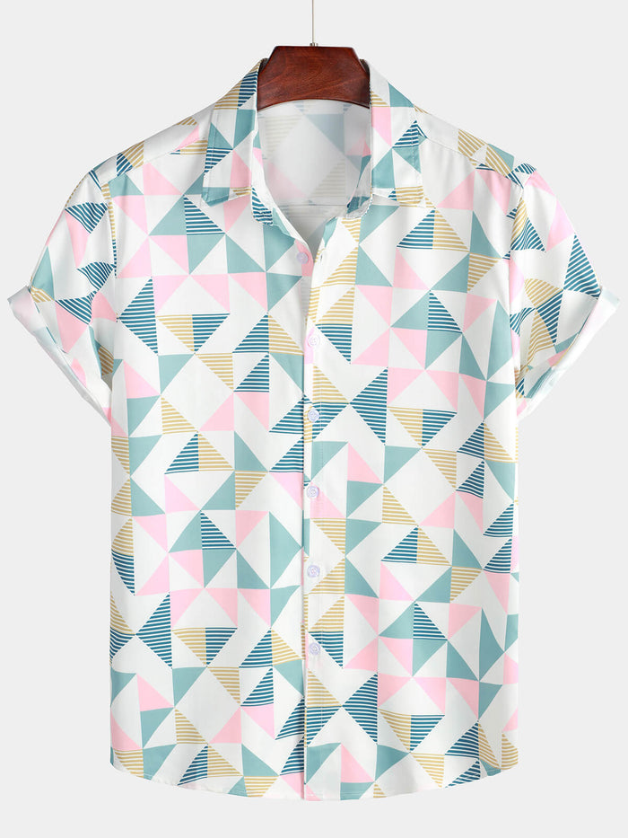 Beach Shirt, Short Sleeves, Artistic Geometric Triangle Print, Casual Summer