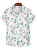 Cotton Summer Short Sleeve Shirt with Geometric Triangle Pattern for Men