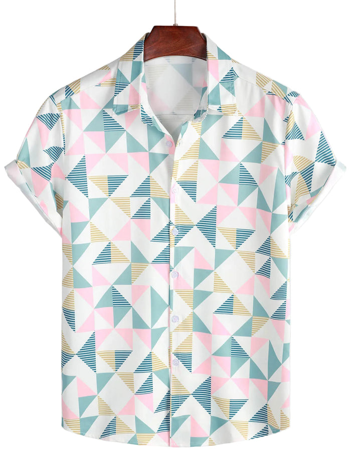 Cotton Summer Short Sleeve Shirt with Geometric Triangle Pattern for Men
