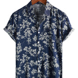Men's Cotton Shirt with Short Sleeve with Vintage Floral Pattern in Navy Color