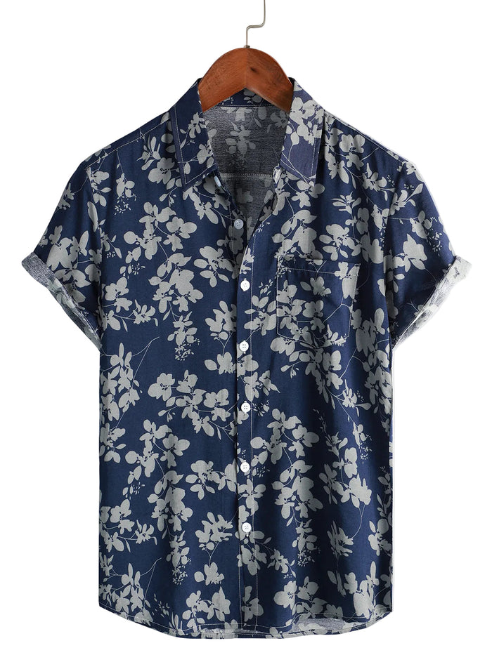 Men's Cotton Shirt with Short Sleeve with Vintage Floral Pattern in Navy Color