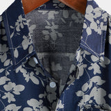 Men's Cotton Shirt with Short Sleeve with Vintage Floral Pattern in Navy Color