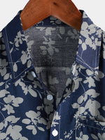 Men's Cotton Shirt with Short Sleeve with Vintage Floral Pattern in Navy Color