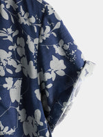 Men's Cotton Shirt with Short Sleeve with Vintage Floral Pattern in Navy Color