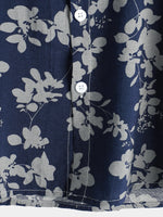 Men's Cotton Shirt with Short Sleeve with Vintage Floral Pattern in Navy Color