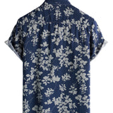 Men's Cotton Shirt with Short Sleeve with Vintage Floral Pattern in Navy Color