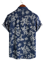 Men's Cotton Shirt with Short Sleeve with Vintage Floral Pattern in Navy Color