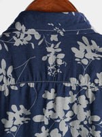 Men's Cotton Shirt with Short Sleeve with Vintage Floral Pattern in Navy Color