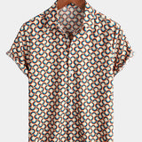 Retro Button-Up Short-Sleeve Summer Shirt with Vintage Circular Geometric Patterns, Perfect for the Beach