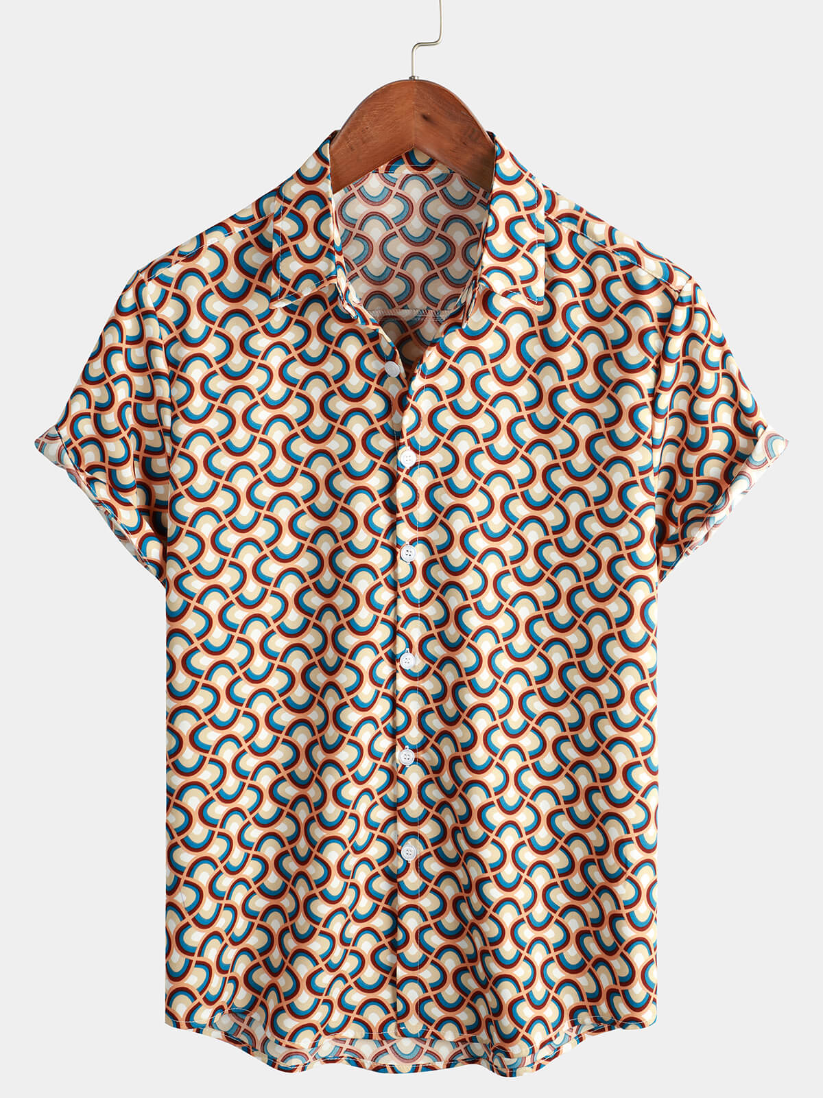 Retro Button-Up Short-Sleeve Summer Shirt with Vintage Circular Geometric Patterns, Perfect for the Beach
