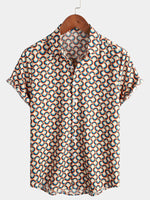 Retro Button-Up Short-Sleeve Summer Shirt with Vintage Circular Geometric Patterns, Perfect for the Beach