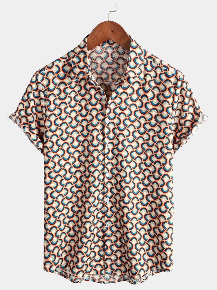 Retro Button-Up Short-Sleeve Summer Shirt with Vintage Circular Geometric Patterns, Perfect for the Beach