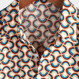 Retro Button-Up Short-Sleeve Summer Shirt with Vintage Circular Geometric Patterns, Perfect for the Beach