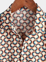 Retro Button-Up Short-Sleeve Summer Shirt with Vintage Circular Geometric Patterns, Perfect for the Beach