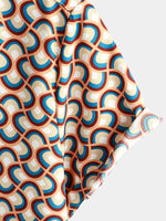 Retro Button-Up Short-Sleeve Summer Shirt with Vintage Circular Geometric Patterns, Perfect for the Beach