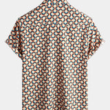 Retro Button-Up Short-Sleeve Summer Shirt with Vintage Circular Geometric Patterns, Perfect for the Beach