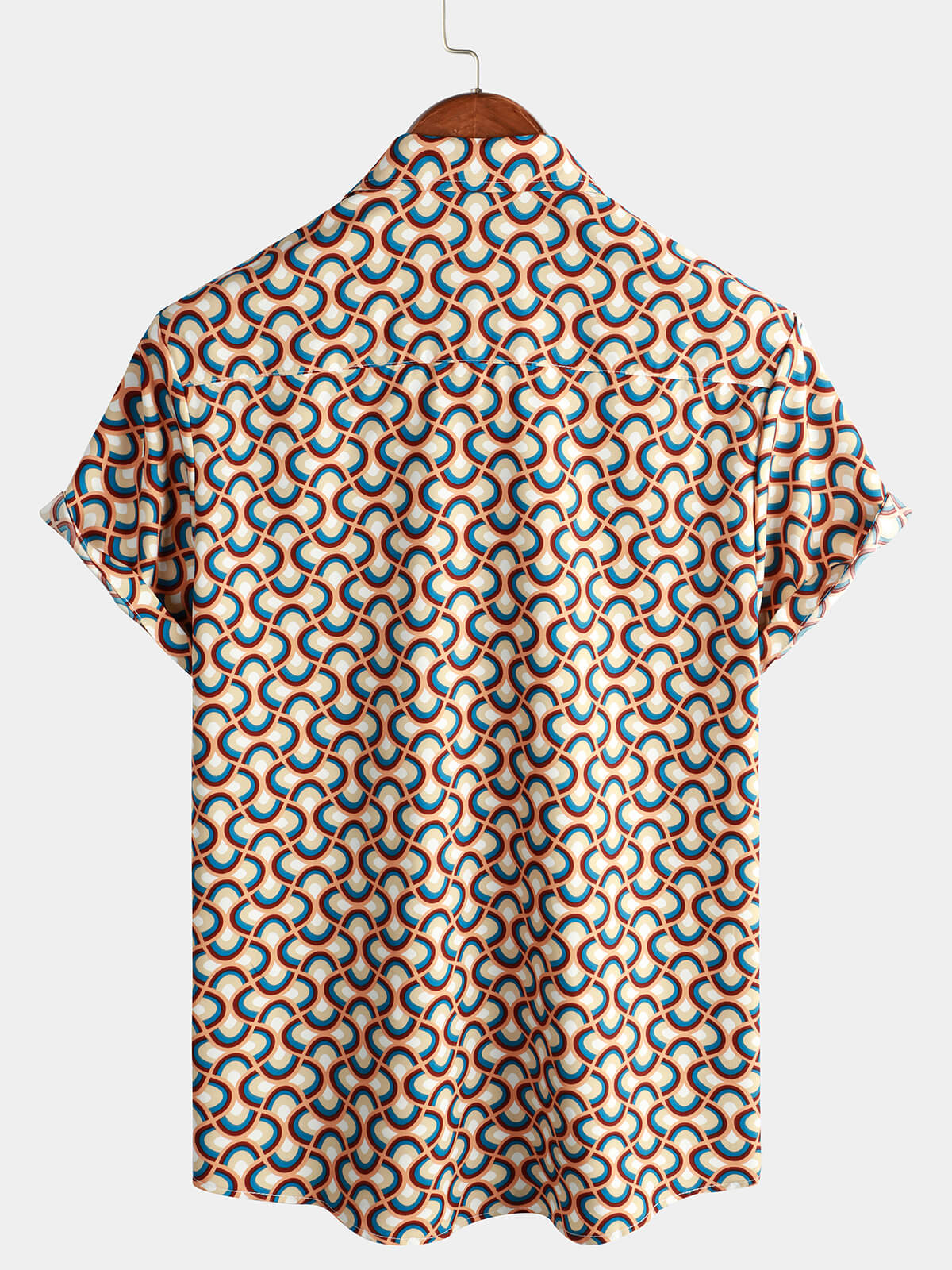 Retro Button-Up Short-Sleeve Summer Shirt with Vintage Circular Geometric Patterns, Perfect for the Beach
