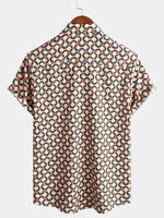Retro Button-Up Short-Sleeve Summer Shirt with Vintage Circular Geometric Patterns, Perfect for the Beach