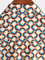Retro Button-Up Short-Sleeve Summer Shirt with Vintage Circular Geometric Patterns, Perfect for the Beach