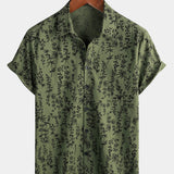 Retro Green Hawaiian Short Sleeve Shirt with Floral Print, Button-Up, Perfect for Summer Vacation