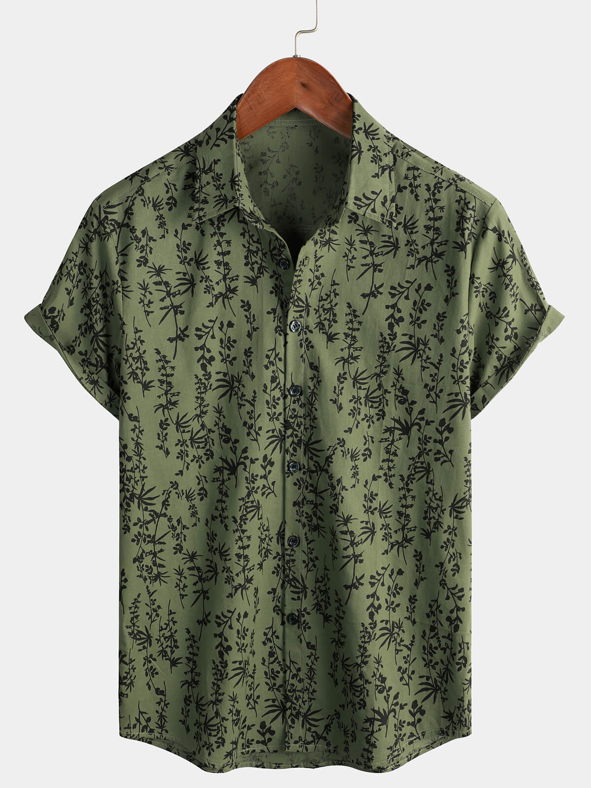 Retro Green Hawaiian Short Sleeve Shirt with Floral Print, Button-Up, Perfect for Summer Vacation
