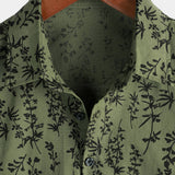 Retro Green Hawaiian Short Sleeve Shirt with Floral Print, Button-Up, Perfect for Summer Vacation