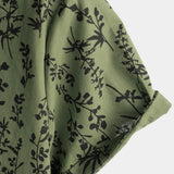 Retro Green Hawaiian Short Sleeve Shirt with Floral Print, Button-Up, Perfect for Summer Vacation