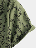 Retro Green Hawaiian Short Sleeve Shirt with Floral Print, Button-Up, Perfect for Summer Vacation