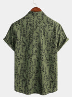 Retro Green Hawaiian Short Sleeve Shirt with Floral Print, Button-Up, Perfect for Summer Vacation