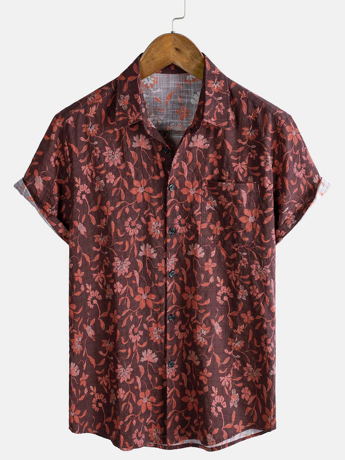 Casual Summer Graphic Botanical Print Lightweight Short Sleeve Shirt