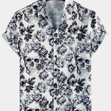 Black Short Sleeve Shirt with Floral Skull Print and Punk Rock Crown