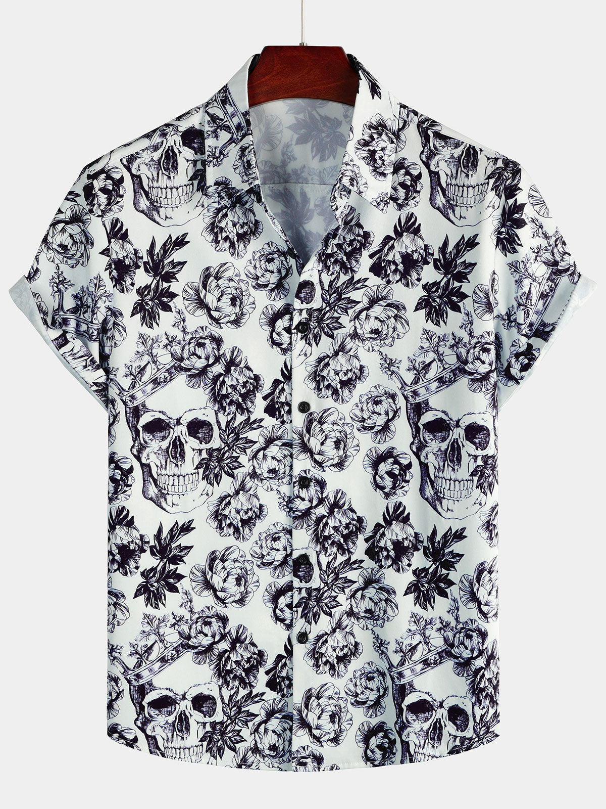 Black Short Sleeve Shirt with Floral Skull Print and Punk Rock Crown