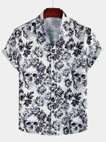 Black Short Sleeve Shirt with Floral Skull Print and Punk Rock Crown