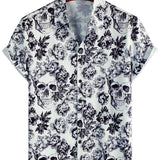 Men's Cotton Short-Sleeve Shirt with Floral Skull Pattern in Punk Rock Style