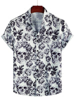 Men's Cotton Short-Sleeve Shirt with Floral Skull Pattern in Punk Rock Style