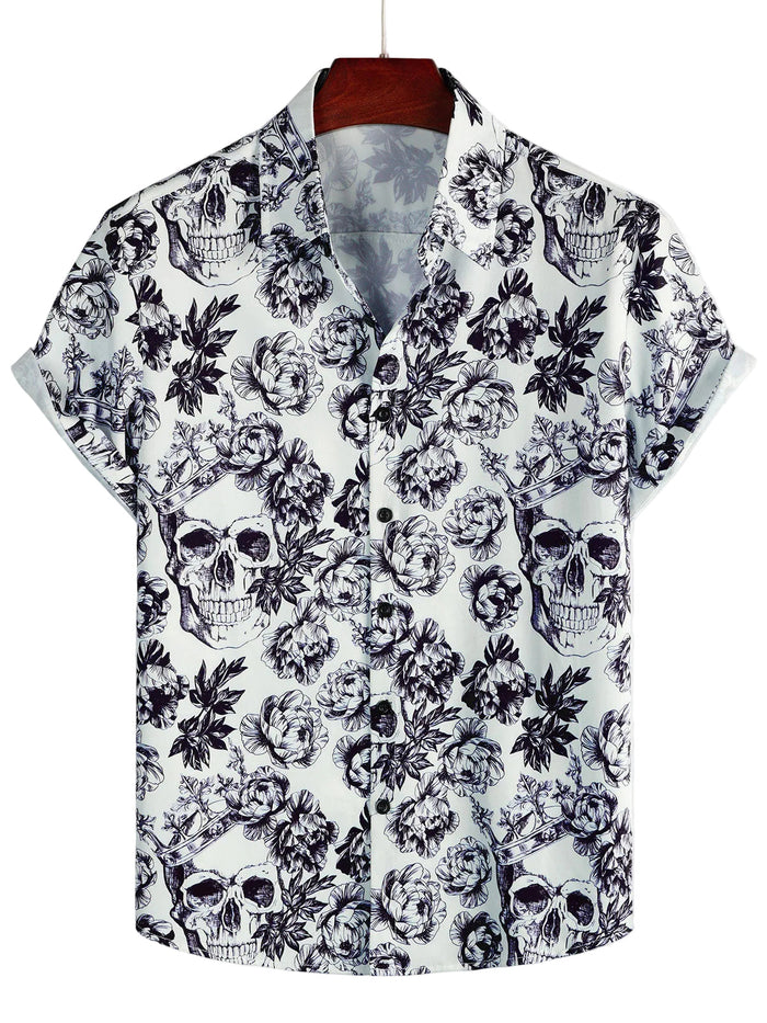 Men's Cotton Short-Sleeve Shirt with Floral Skull Pattern in Punk Rock Style