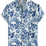 Short Sleeve Cotton Shirt with Punk Rock Skull and Flower Pattern for Men