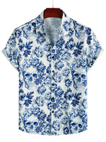 Short Sleeve Cotton Shirt with Punk Rock Skull and Flower Pattern for Men