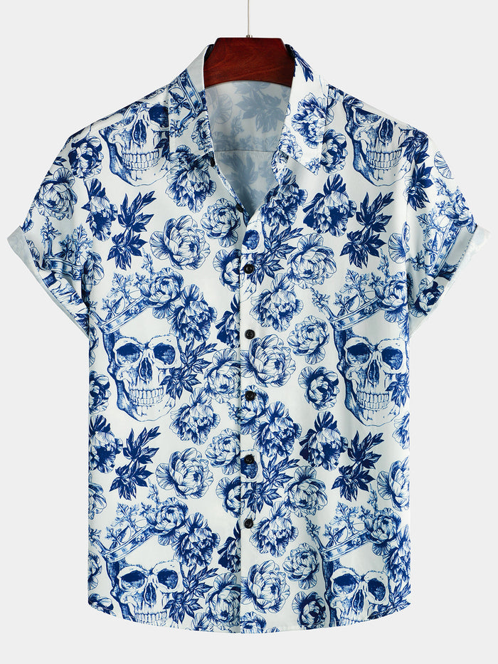 Short-Sleeve Floral Skull Print Punk Rock Crown Shirt