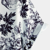 Black Short Sleeve Shirt with Floral Skull Print and Punk Rock Crown