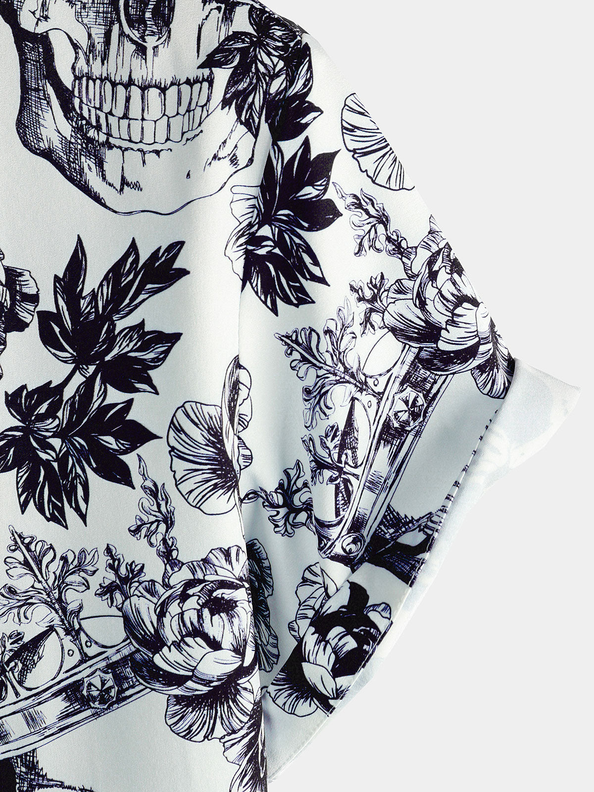 Black Short Sleeve Shirt with Floral Skull Print and Punk Rock Crown