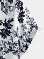 Black Short Sleeve Shirt with Floral Skull Print and Punk Rock Crown
