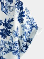Short Sleeve Cotton Shirt with Punk Rock Skull and Flower Pattern for Men