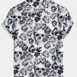Black Short Sleeve Shirt with Floral Skull Print and Punk Rock Crown