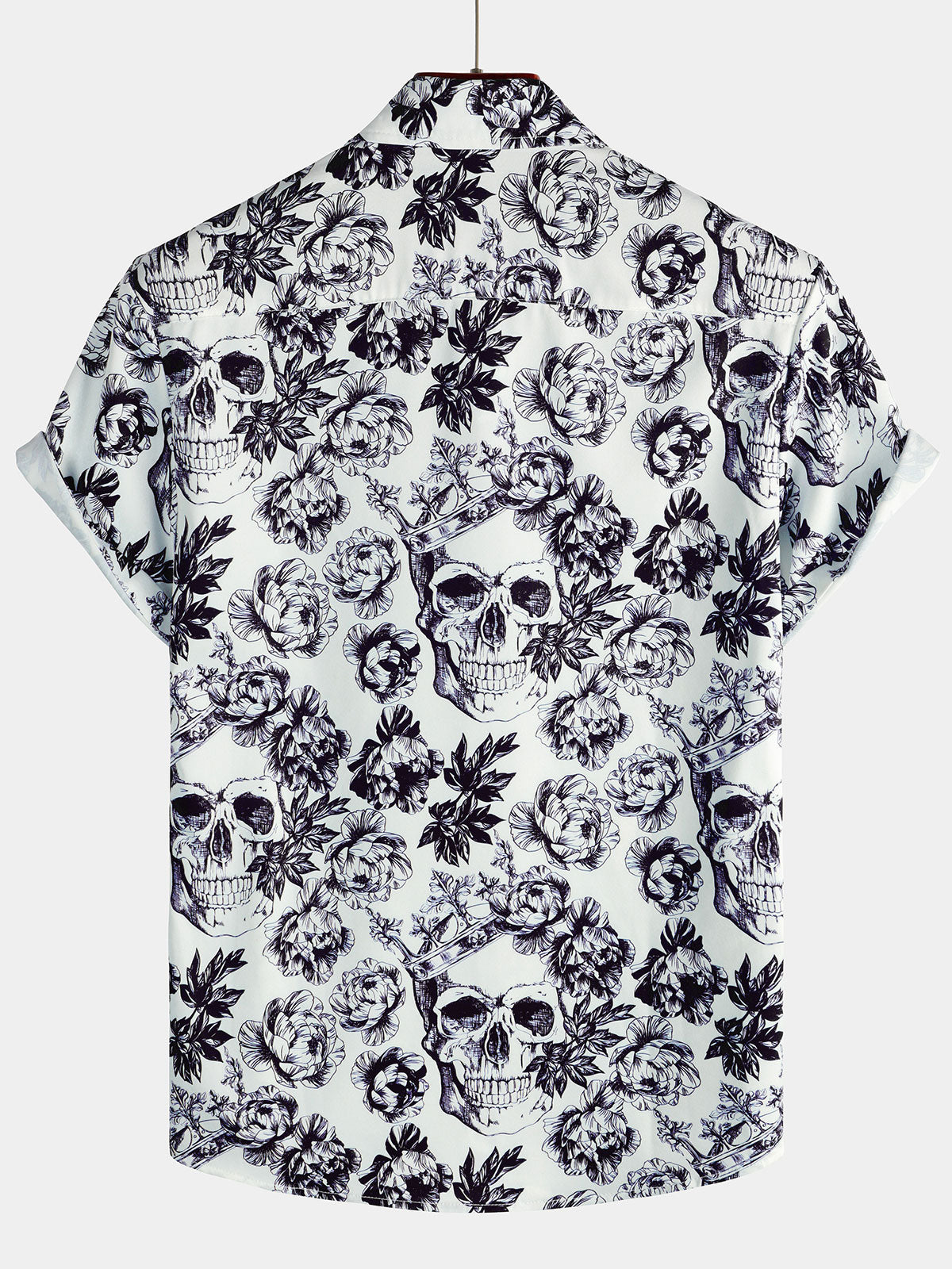 Black Short Sleeve Shirt with Floral Skull Print and Punk Rock Crown